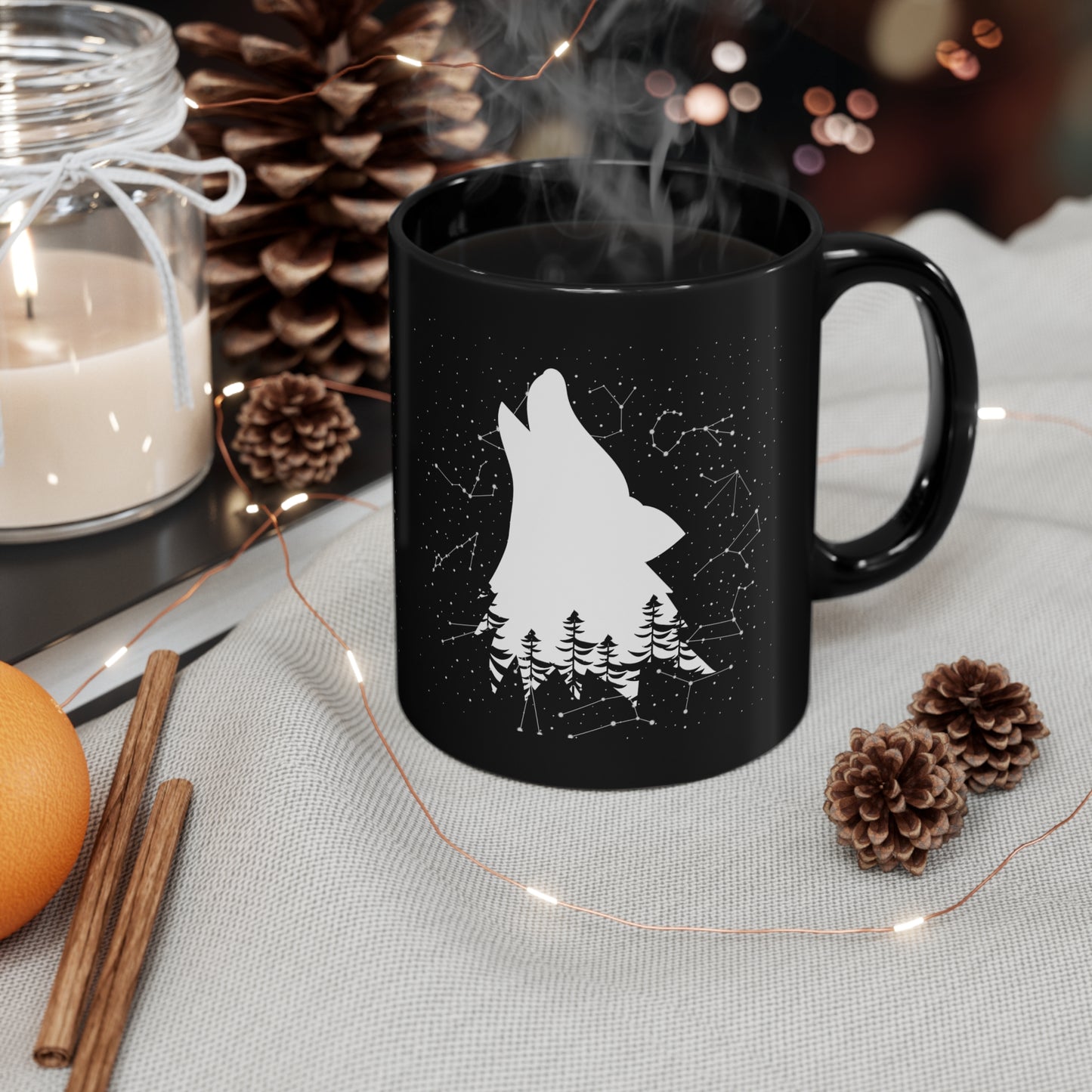 Howling Wolf Night Sky 11oz Black Mug