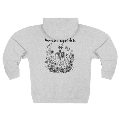 Namaste Right Here Skeleton Zip Hoodie for Unisex, Cozy Art Apparel, Perfect for Halloween, Casual Wear, Gift Idea for Friends