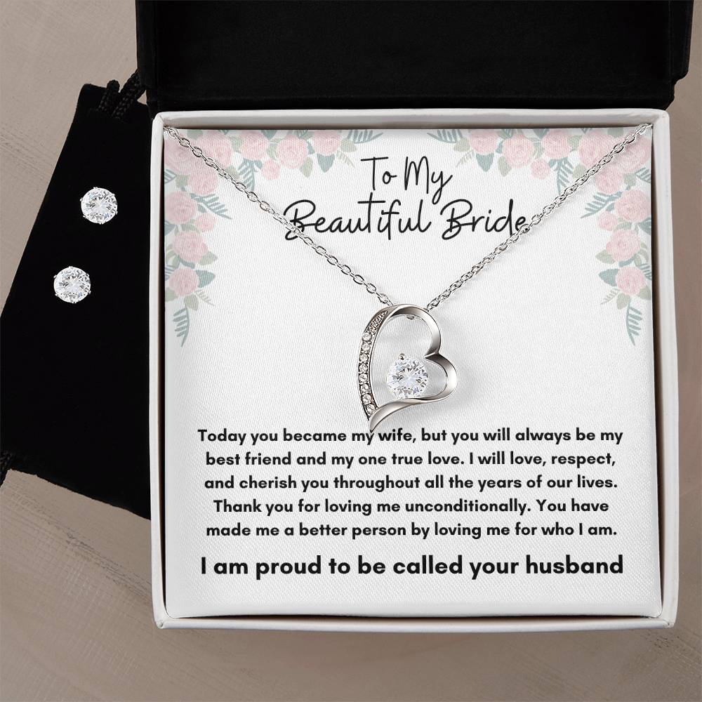 To My Beautiful Bride | Forever Love Necklace + Clear CZ Earrings