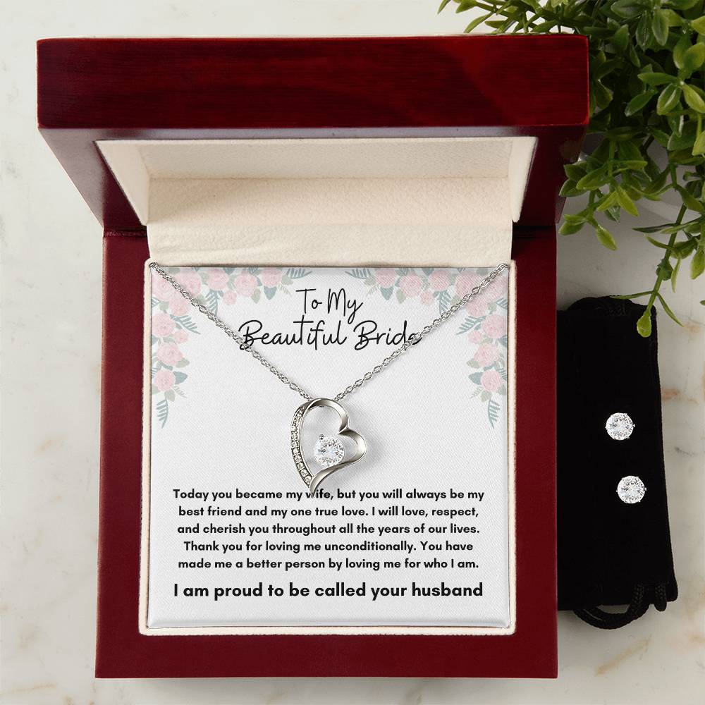 To My Beautiful Bride | Forever Love Necklace + Clear CZ Earrings